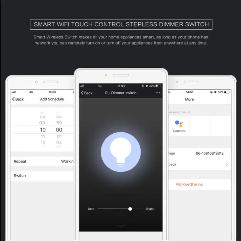 120-type smart dimmer switch with glass touch panel in black or white, showing WiFi and Alexa compatibility labels