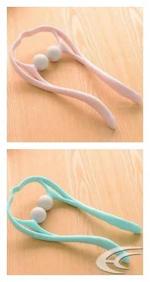 Blue plastic neck massager with hand roller and bracket for pressure point therapy on neck and shoulders