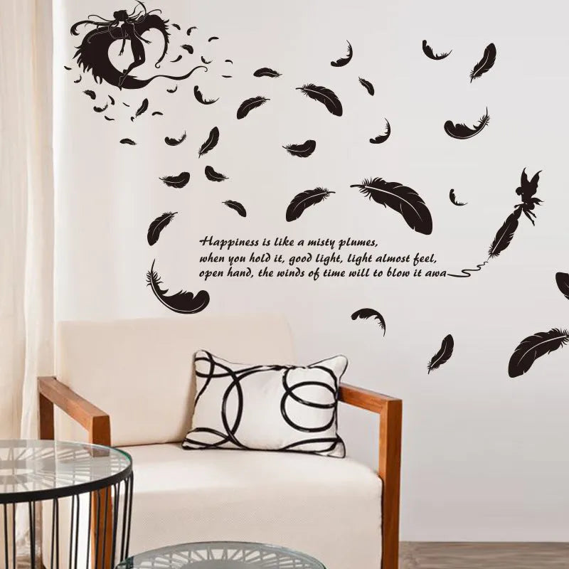 Black feather angel three generations removable wall sticker measuring 50x70 cm.