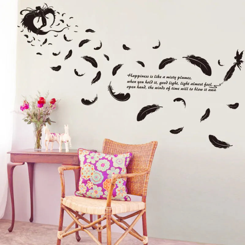 Black feather angel three generations removable wall sticker measuring 50x70 cm.