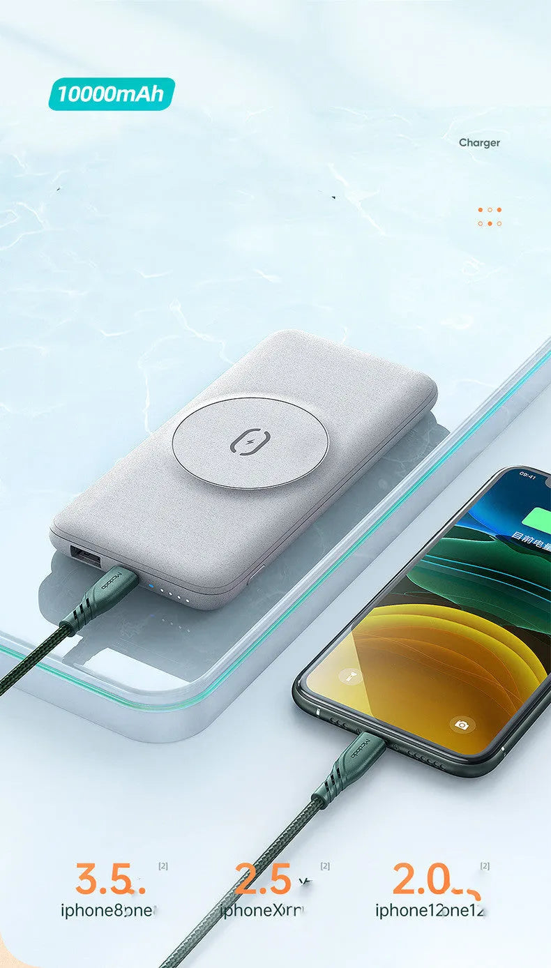 Maiduo magnetic wireless charging power bank in mint green with back clip, showing dimensions