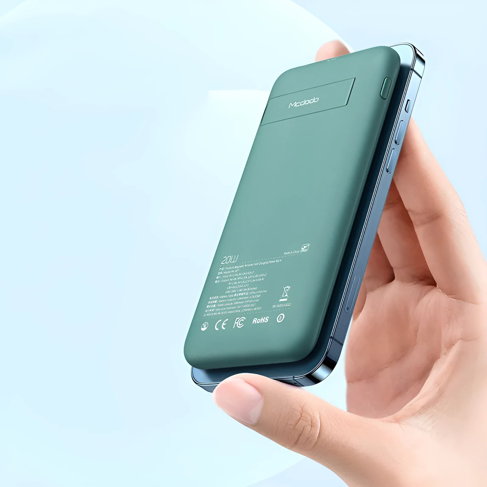 Maiduo magnetic wireless charging power bank in mint green with back clip, showing dimensions