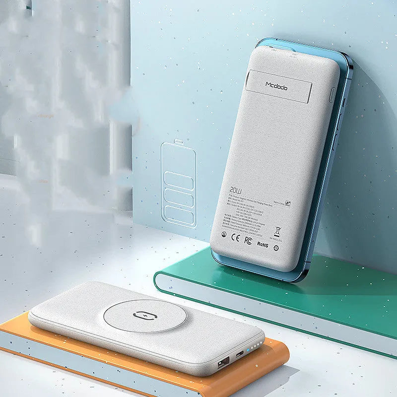 Maiduo magnetic wireless charging power bank in mint green with back clip, showing dimensions