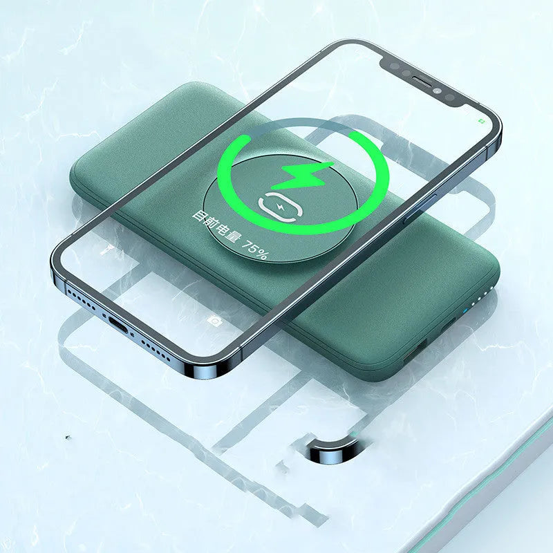 Maiduo magnetic wireless charging power bank in mint green with back clip, showing dimensions