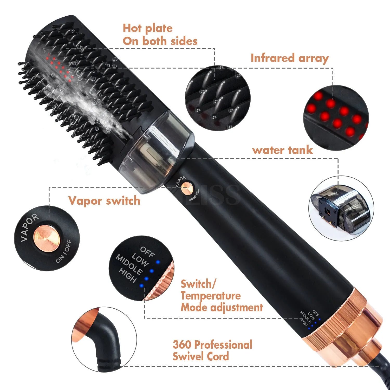 Black and pink hair styling comb with tourmaline ceramic heat conductor and temperature control