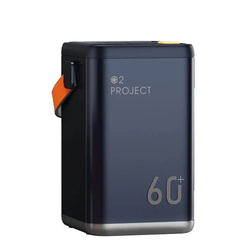 Outdoor power bank with 60000mAh capacity showing multiple USB ports and included adapter