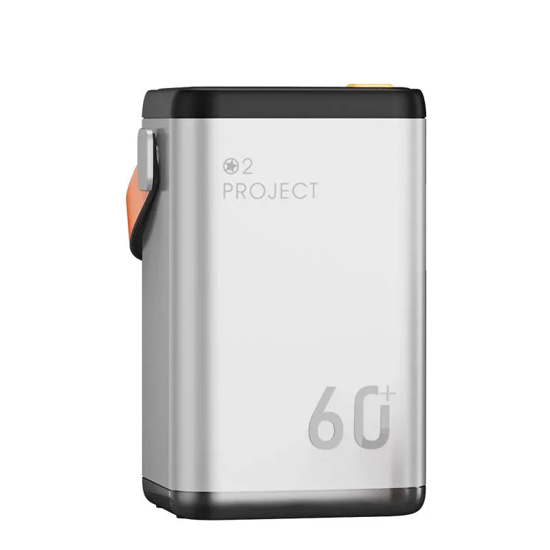 Outdoor power bank with 60000mAh capacity showing multiple USB ports and included adapter