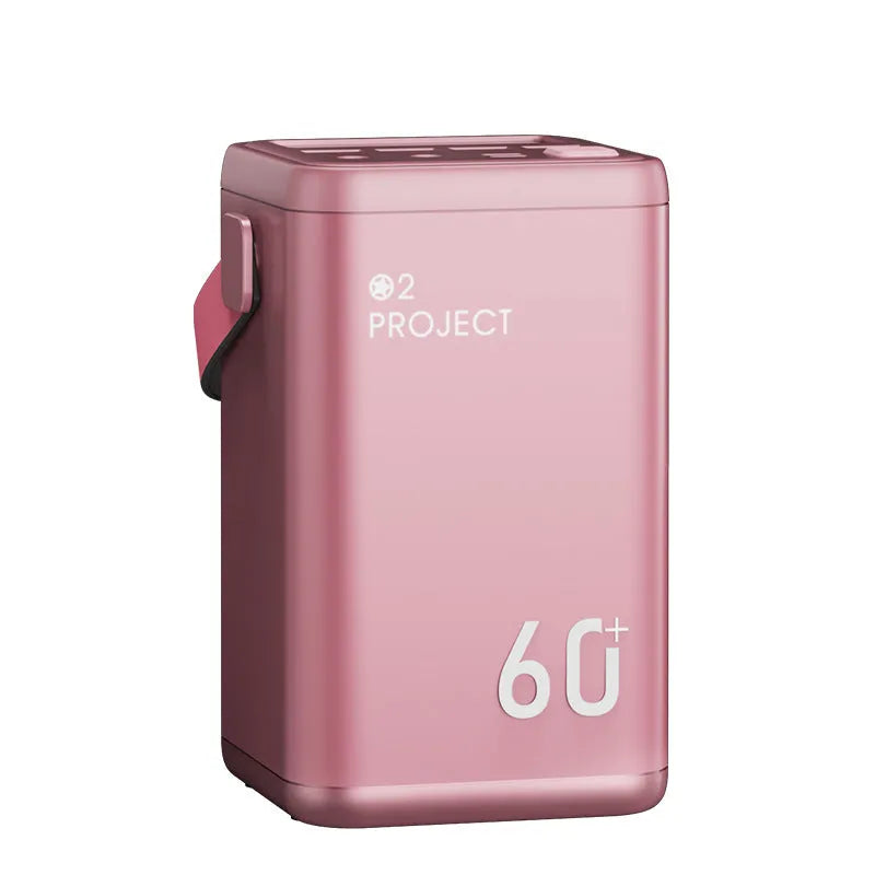 Outdoor power bank with 60000mAh capacity showing multiple USB ports and included adapter