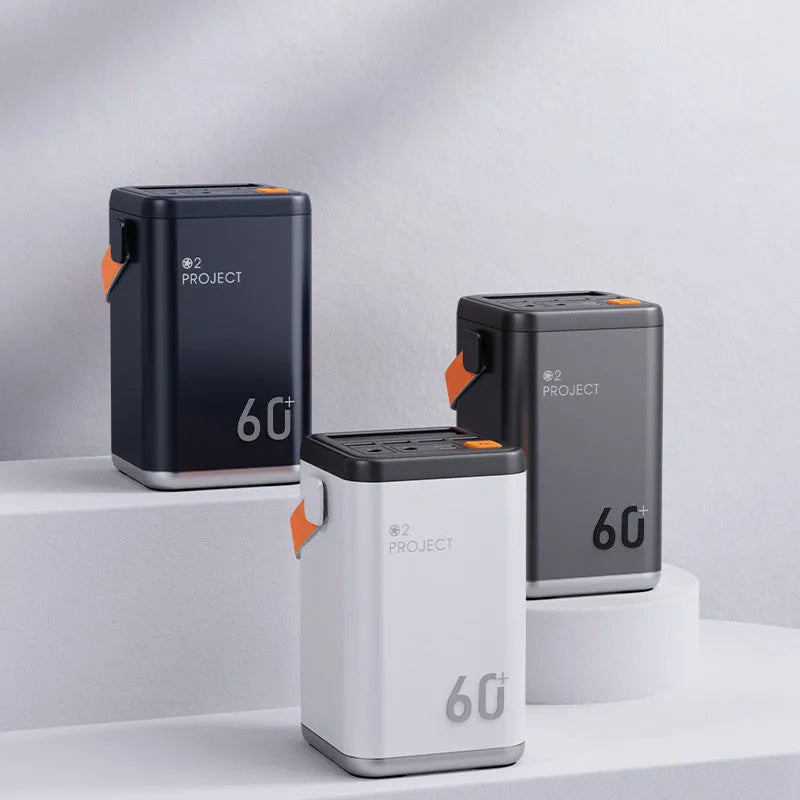 Outdoor power bank with 60000mAh capacity showing multiple USB ports and included adapter
