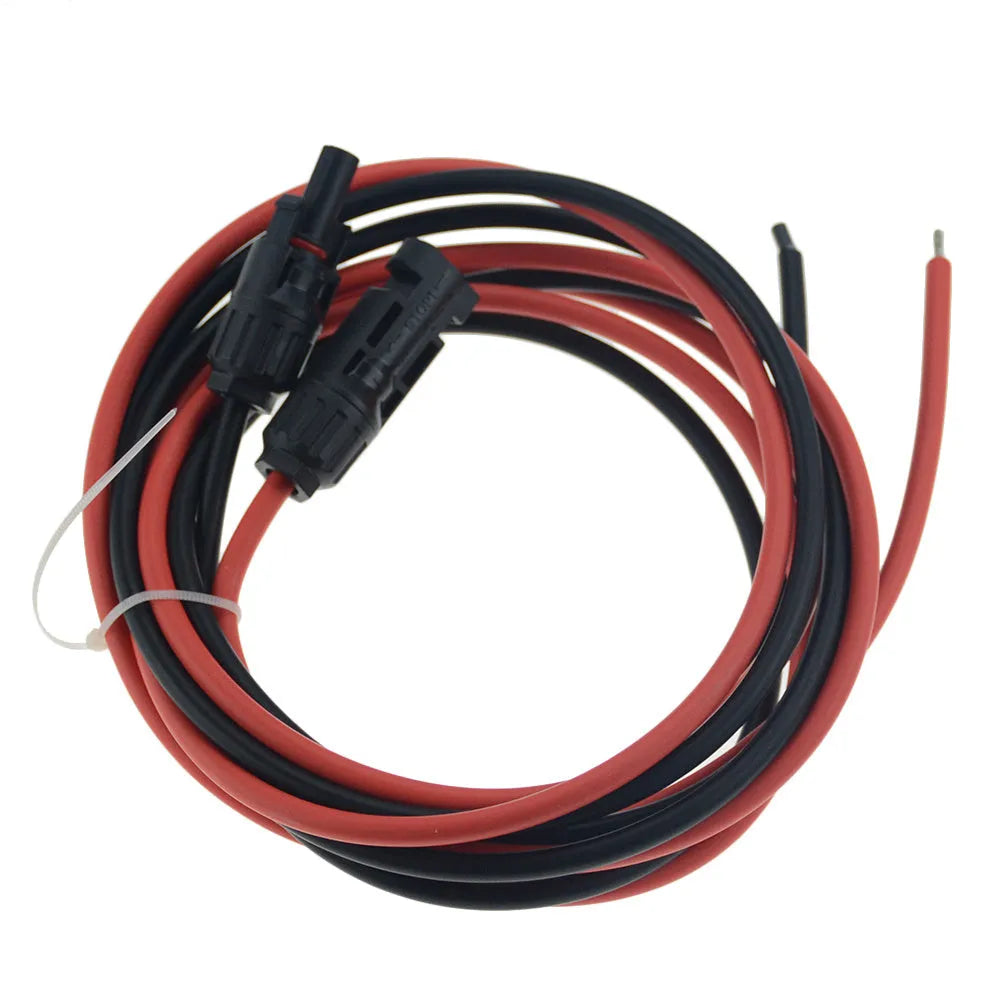 Black MC4 connector solar panel extension cable with low-smoke halogen-free insulation on a white background.