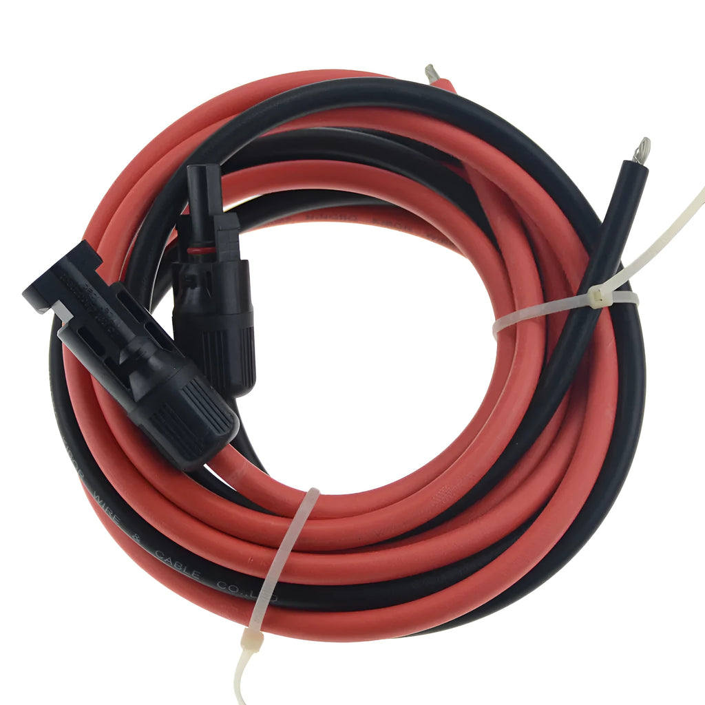 Black MC4 connector solar panel extension cable with low-smoke halogen-free insulation on a white background.
