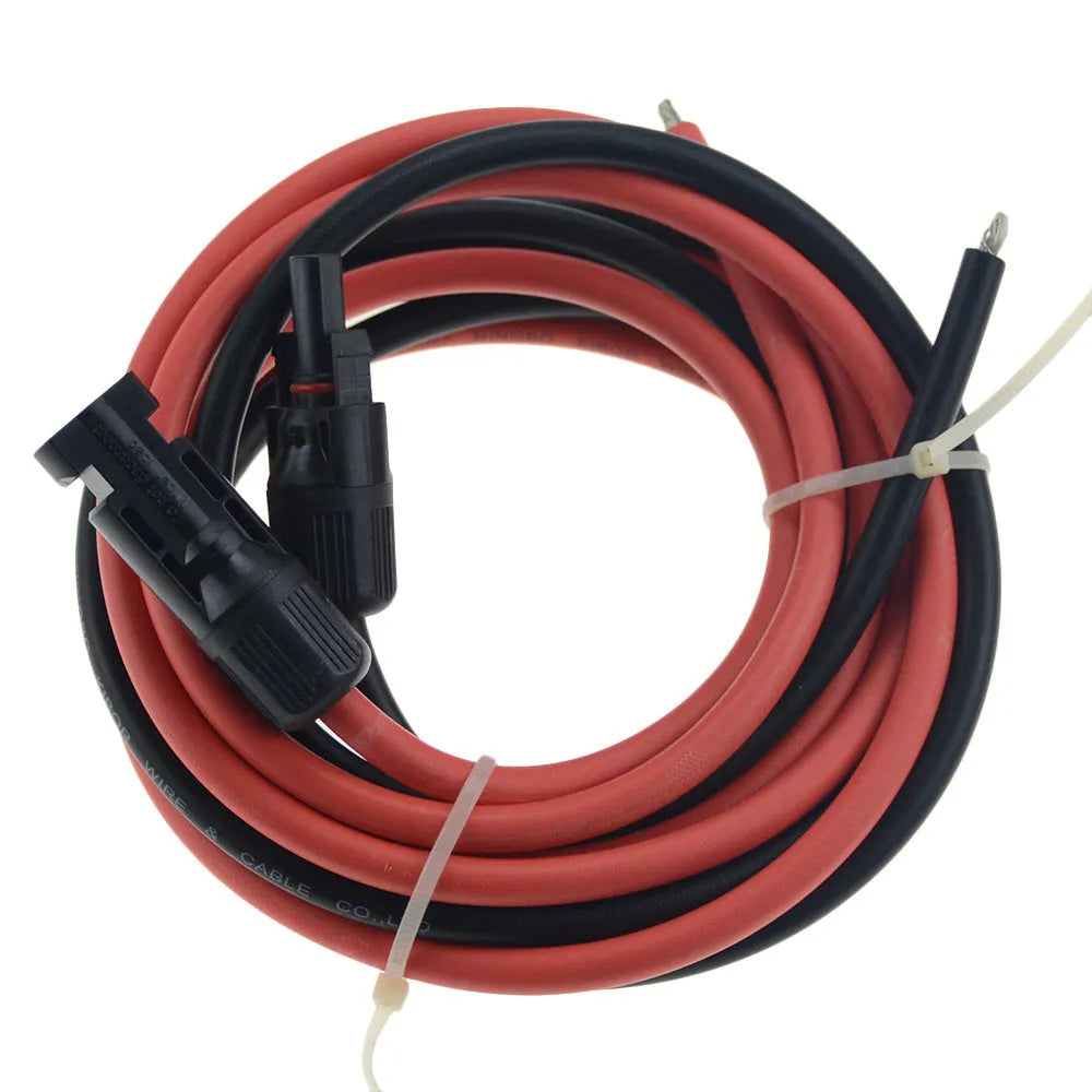 Black MC4 connector solar panel extension cable with low-smoke halogen-free insulation on a white background.