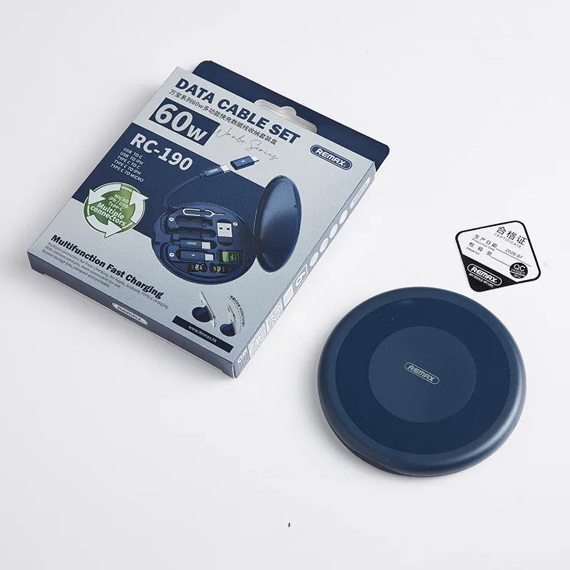 Ruiliang Wanbao storage box with 60W fast-charge data cable, phone holder, USB Micro USB Type-C connectors, 29cm length, white and blue colours
