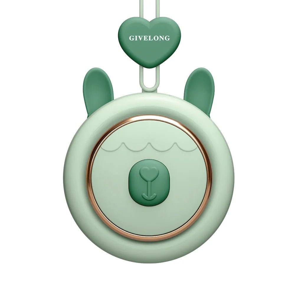 Mini bladeless neck fan with hanging rope worn around neck, showing USB port and power button.