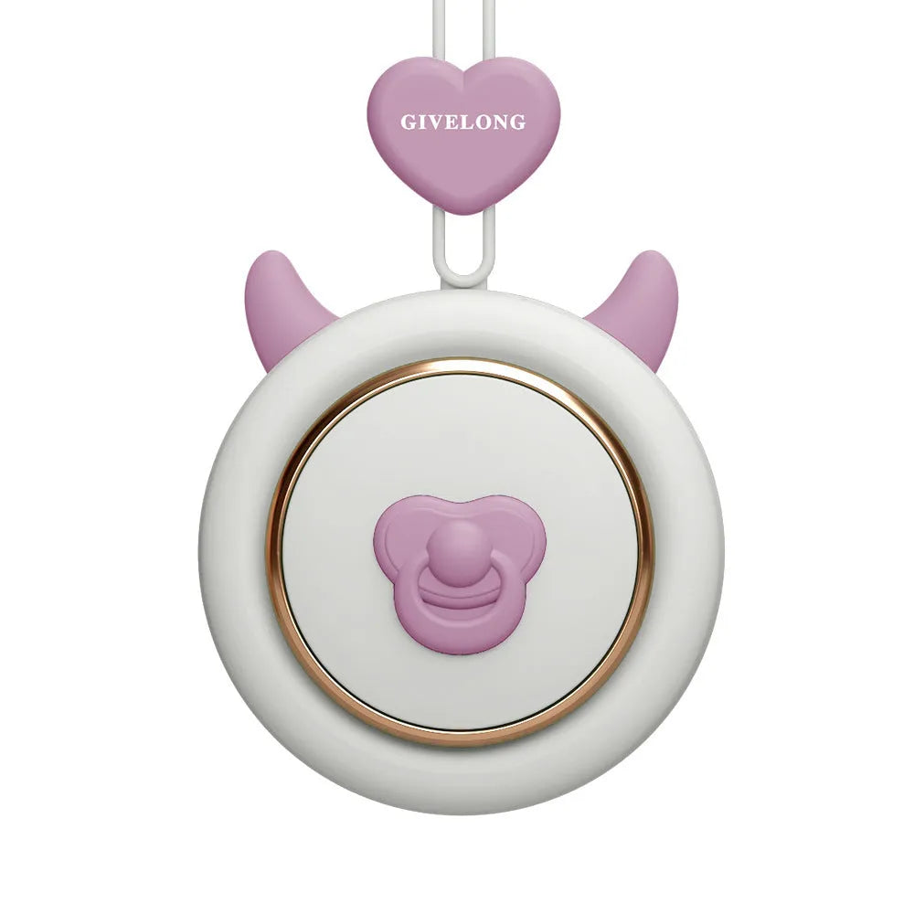 Mini bladeless neck fan with hanging rope worn around neck, showing USB port and power button.