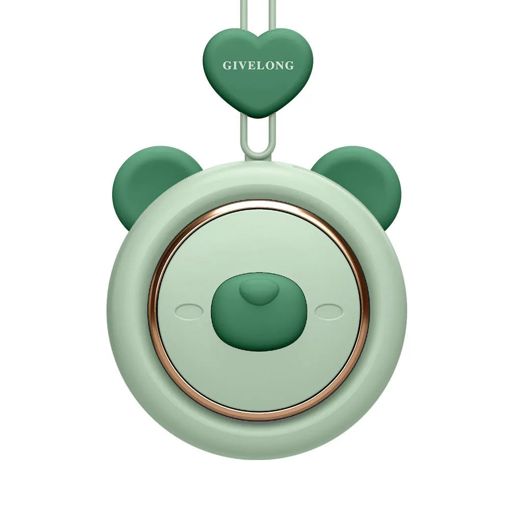 Mini bladeless neck fan with hanging rope worn around neck, showing USB port and power button.
