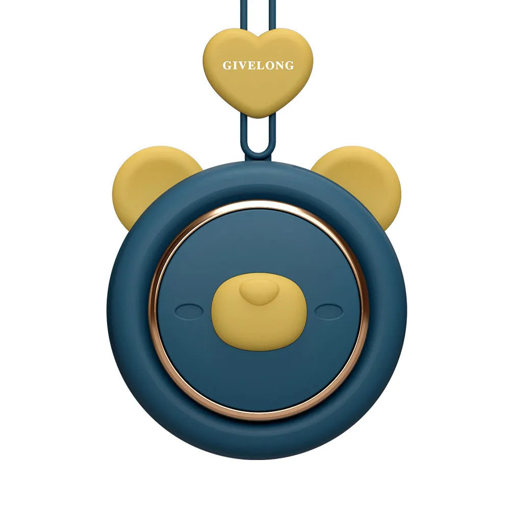Mini bladeless neck fan with hanging rope worn around neck, showing USB port and power button.