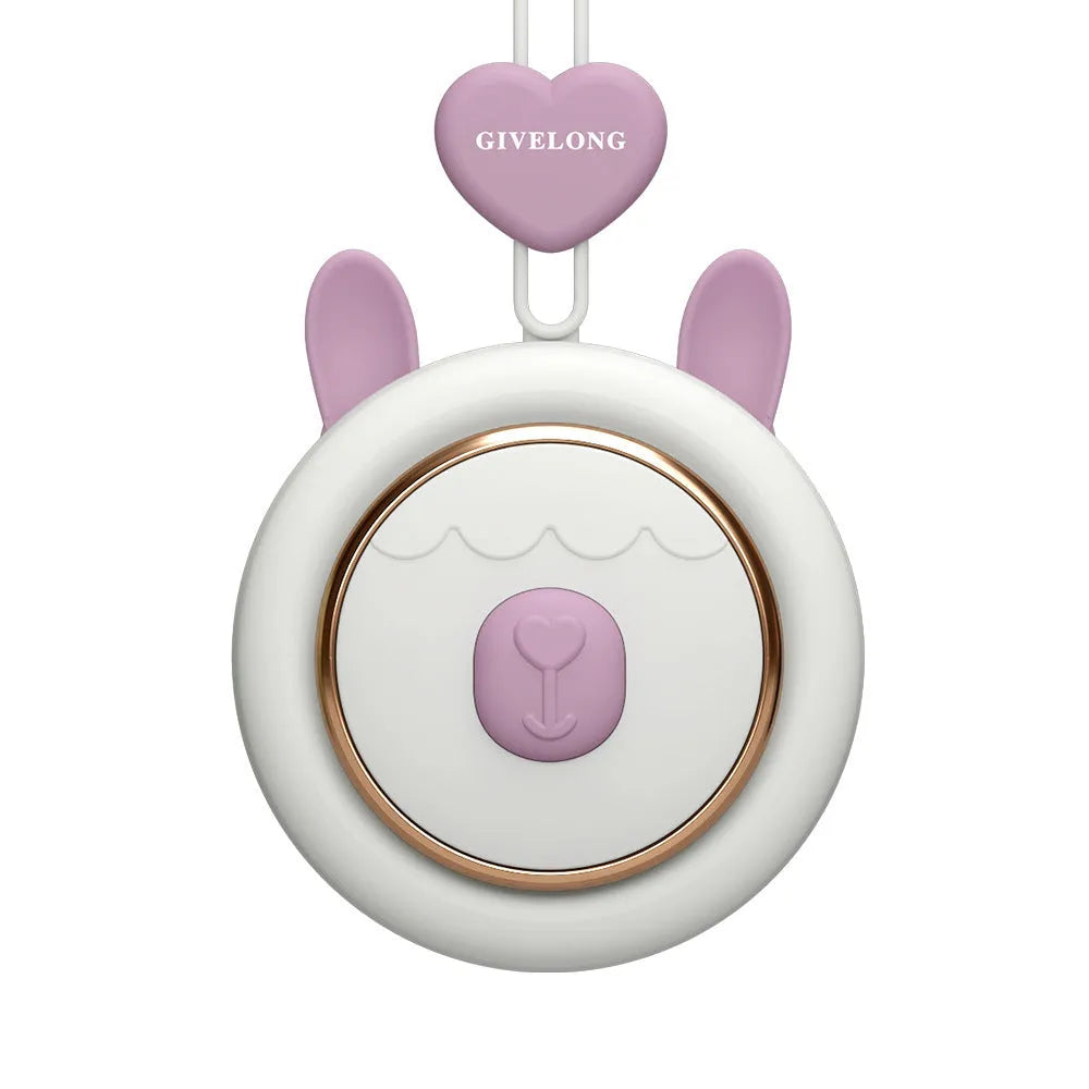 Mini bladeless neck fan with hanging rope worn around neck, showing USB port and power button.