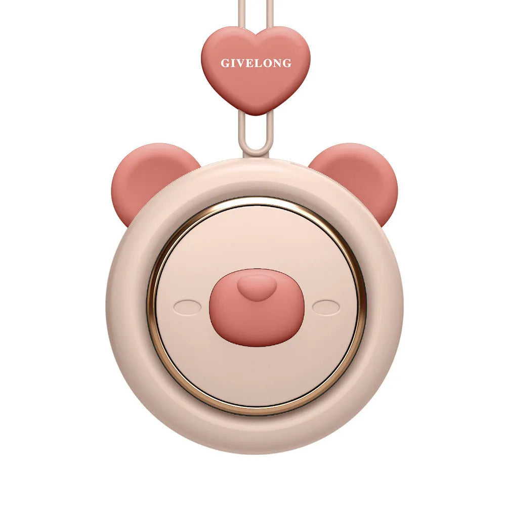 Mini bladeless neck fan with hanging rope worn around neck, showing USB port and power button.