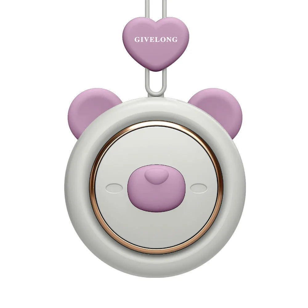 Mini bladeless neck fan with hanging rope worn around neck, showing USB port and power button.