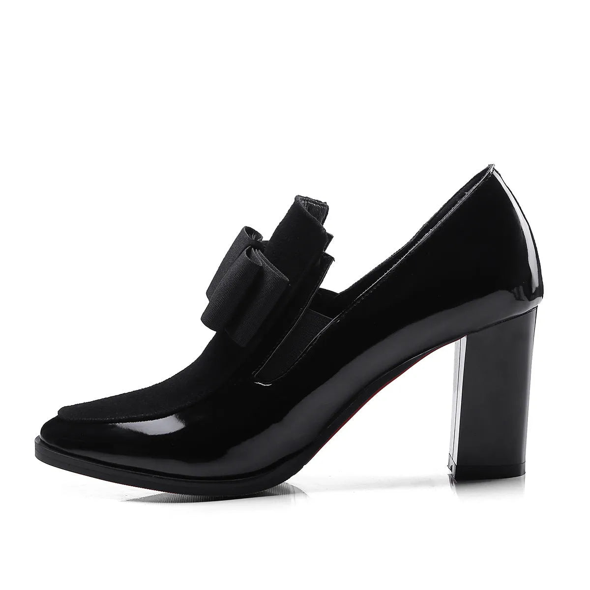 Women's black patent leather high heels with thick heel and square toe design