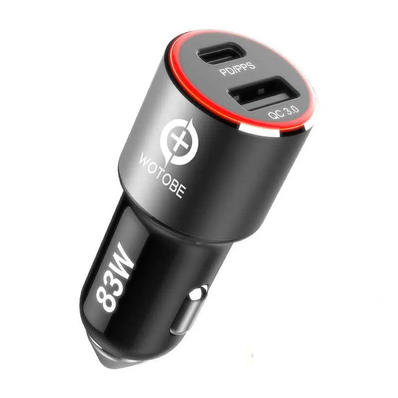 Black 83W dual-port fast car charger showing USB-C and USB-A sockets for charging phones and laptops.