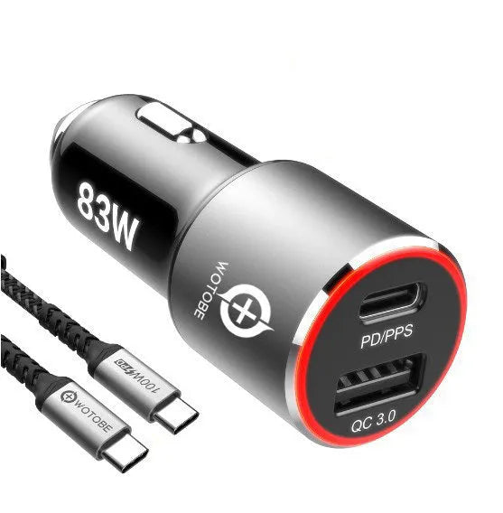 Black 83W dual-port fast car charger showing USB-C and USB-A sockets for charging phones and laptops.