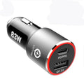 Black 83W dual-port fast car charger showing USB-C and USB-A sockets for charging phones and laptops.