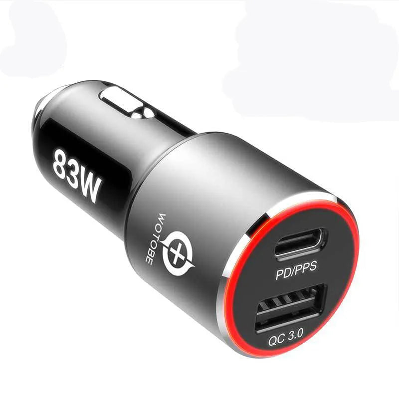 Black 83W dual-port fast car charger showing USB-C and USB-A sockets for charging phones and laptops.
