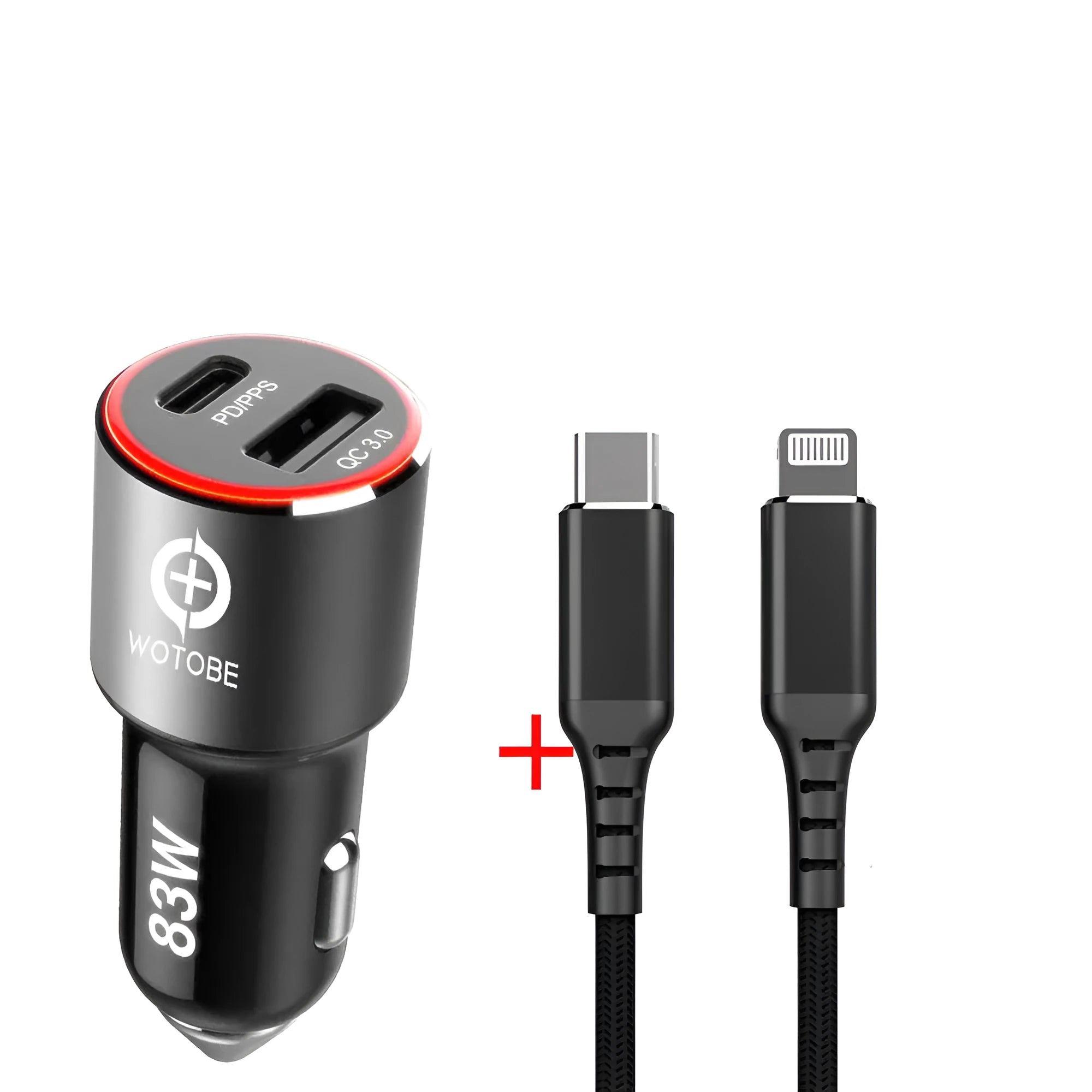 Black 83W dual-port fast car charger showing USB-C and USB-A sockets for charging phones and laptops.