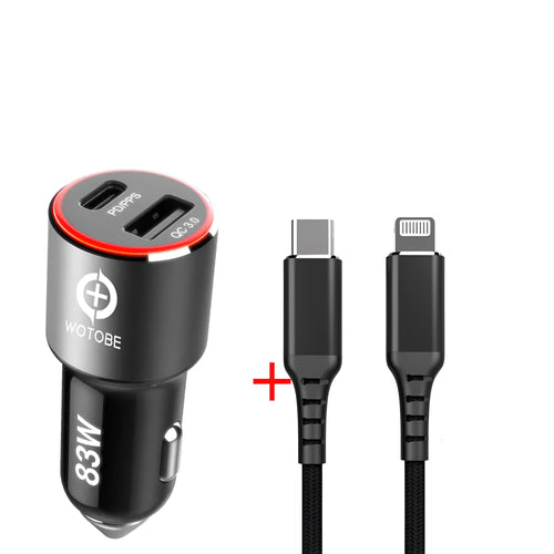 Black 83W dual-port fast car charger showing USB-C and USB-A sockets for charging phones and laptops.