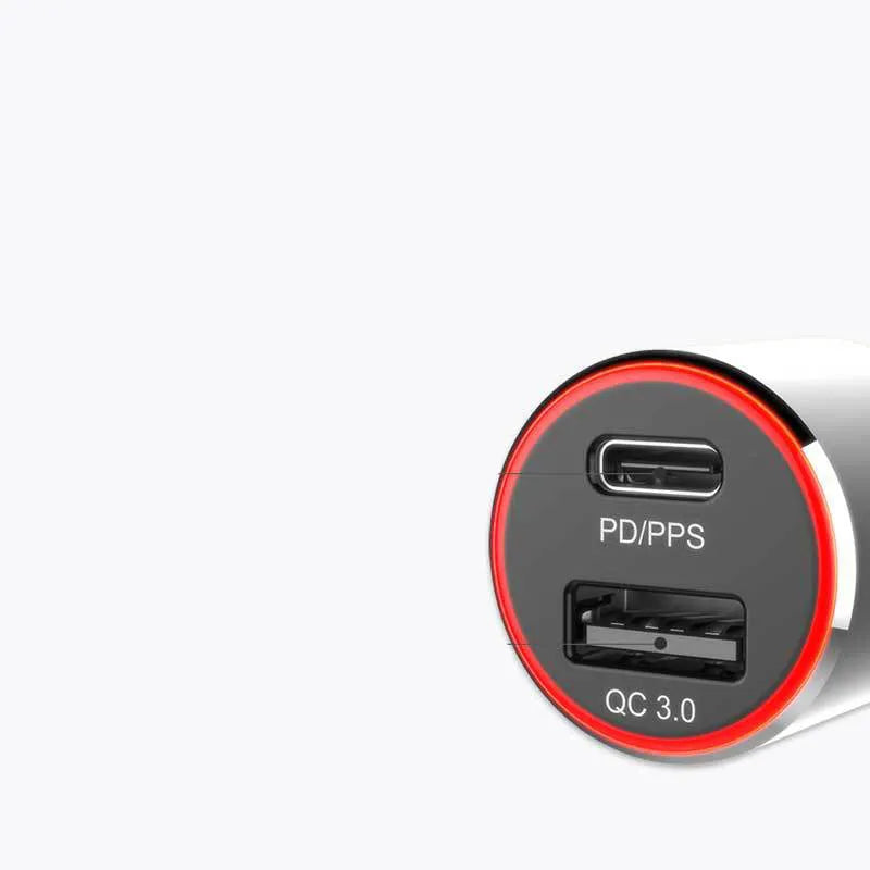 Black 83W dual-port fast car charger showing USB-C and USB-A sockets for charging phones and laptops.