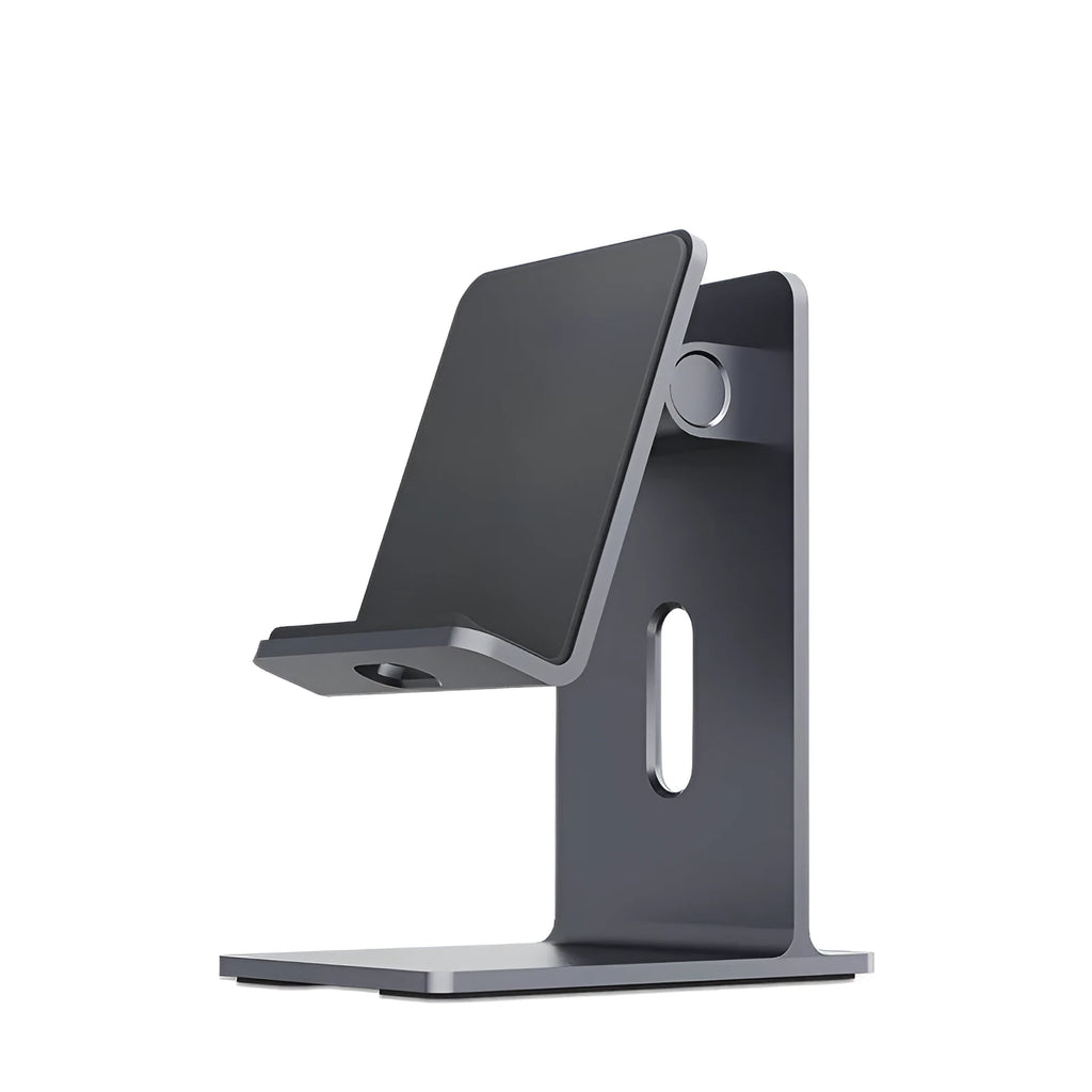 Alloy metal desktop phone holder in dark grey and silver colours for smartphones and tablets