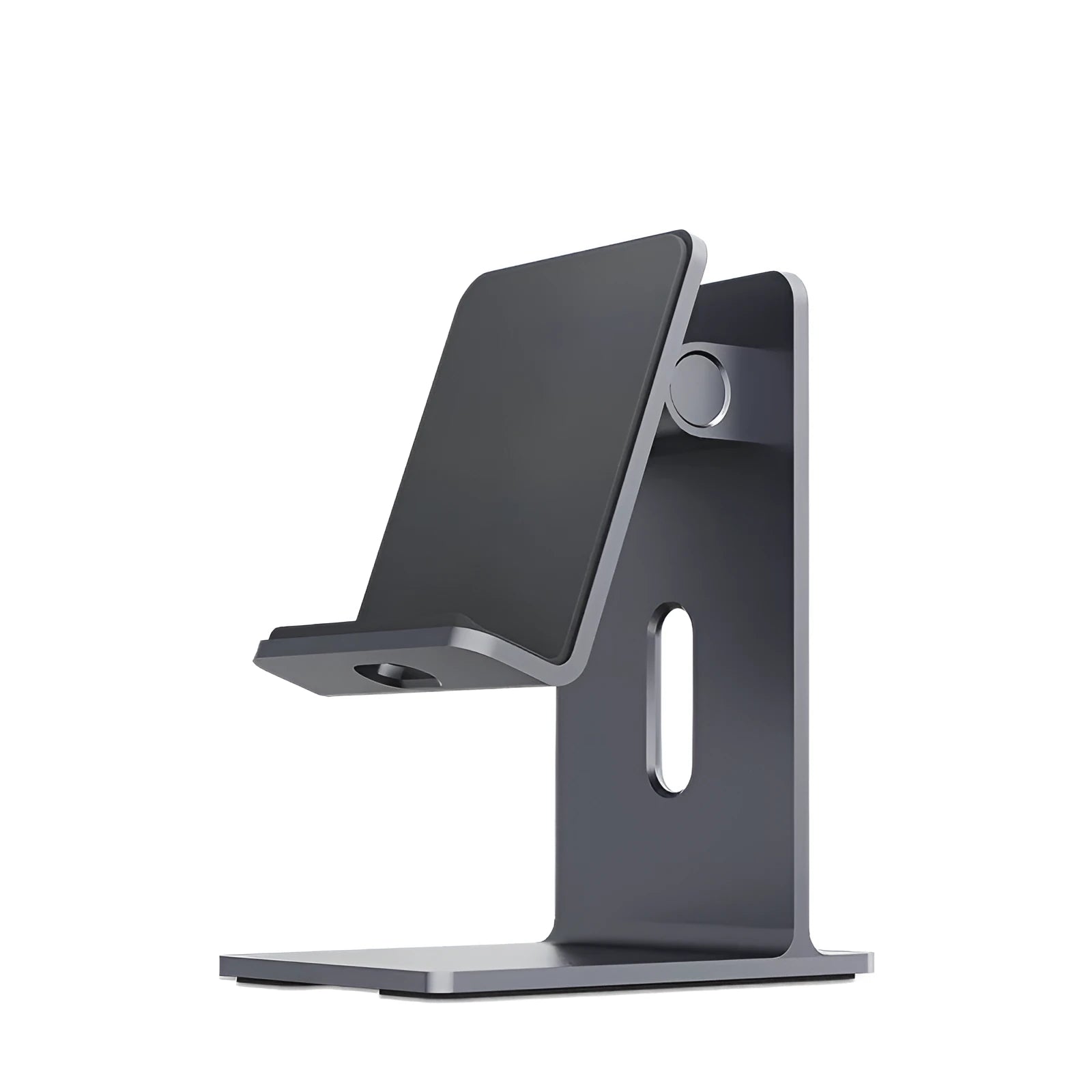 Alloy metal desktop phone holder in dark grey and silver colours for smartphones and tablets