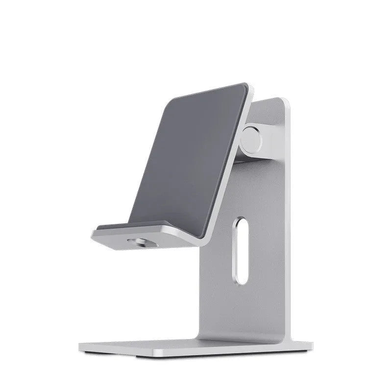 Alloy metal desktop phone holder in dark grey and silver colours for smartphones and tablets