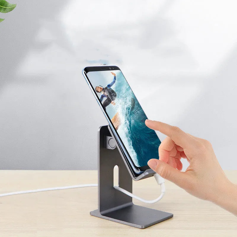 Alloy metal desktop phone holder in dark grey and silver colours for smartphones and tablets