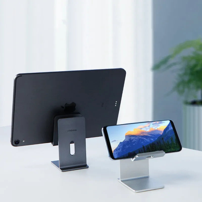 Alloy metal desktop phone holder in dark grey and silver colours for smartphones and tablets
