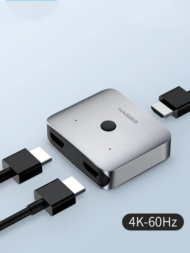Haibeisi HDMI 2 input 1 output video switcher splitter device with grey casing and multiple HDMI ports