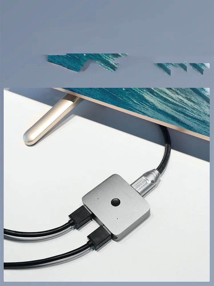 Haibeisi HDMI 2 input 1 output video switcher splitter device with grey casing and multiple HDMI ports