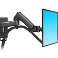 Black wall-mounted telescopic monitor arm holding a screen, showing rotation and extension.