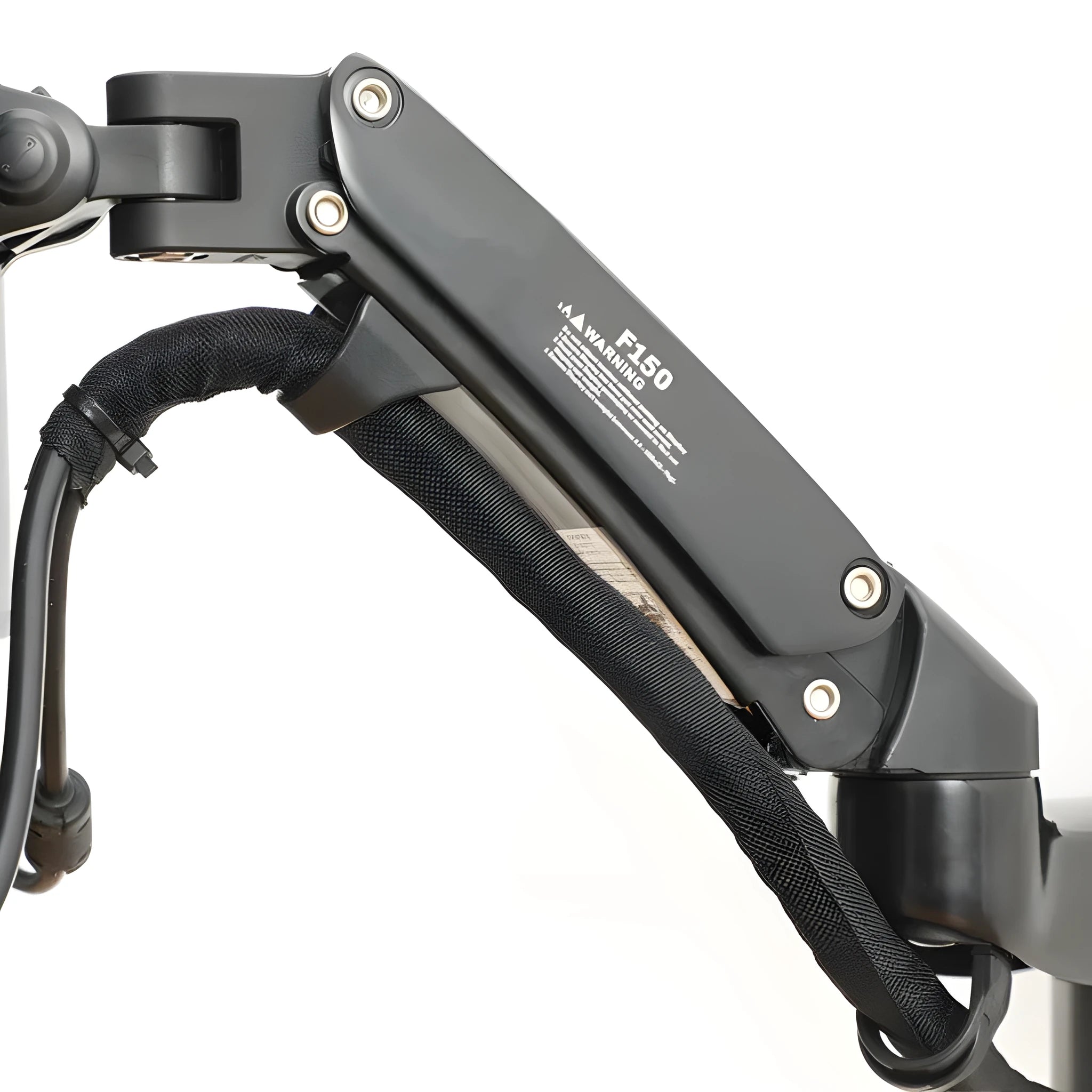 Black wall-mounted telescopic monitor arm holding a screen, showing rotation and extension.
