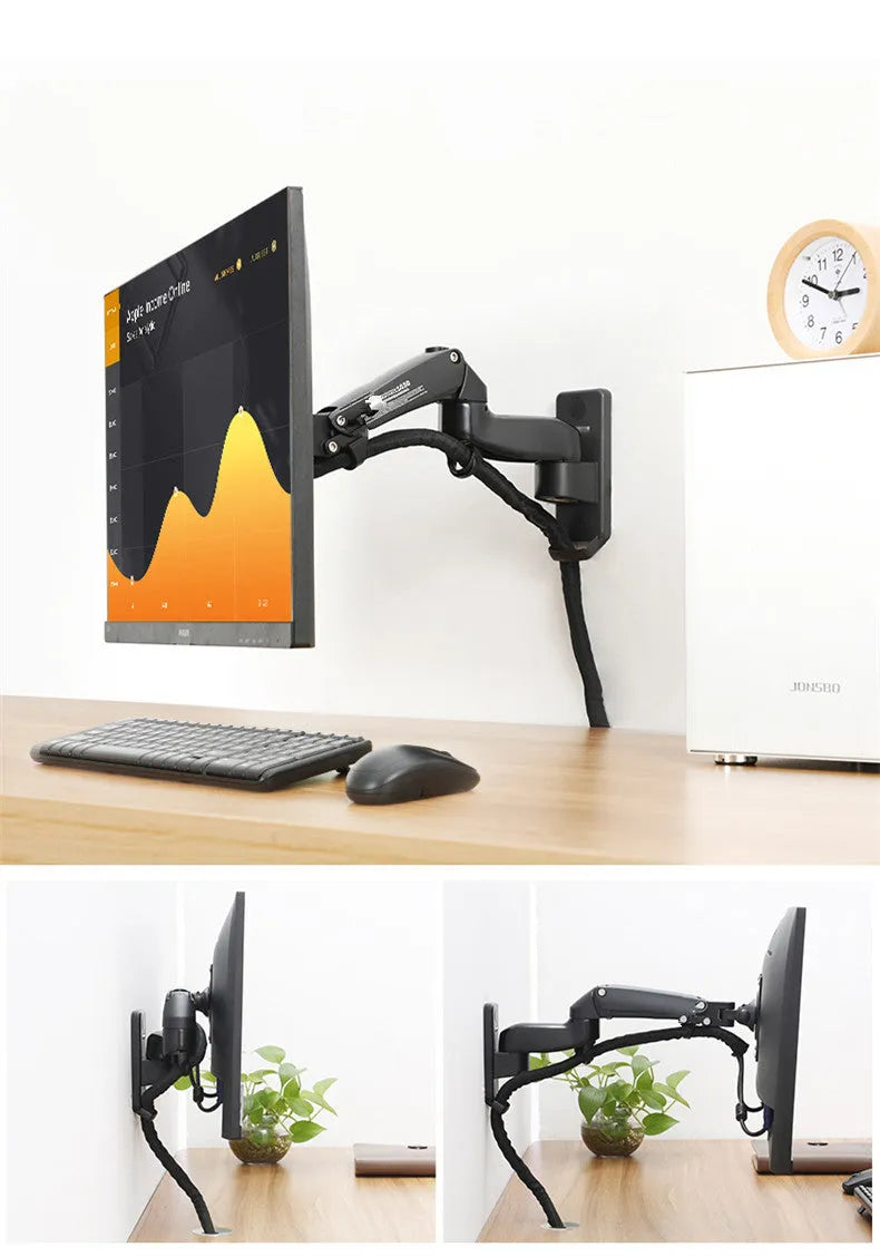 Black wall-mounted telescopic monitor arm holding a screen, showing rotation and extension.