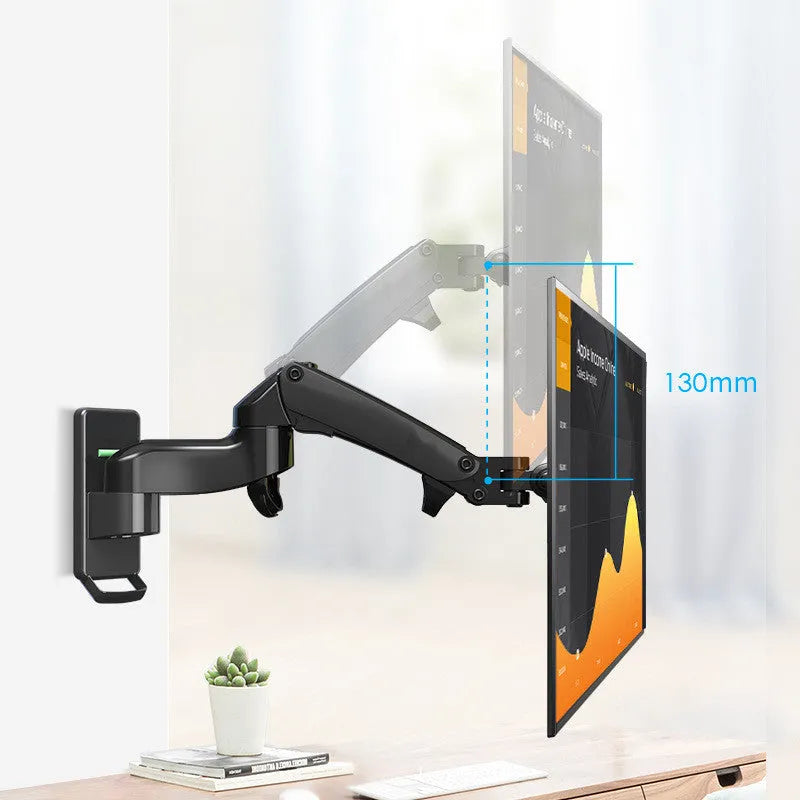 Black wall-mounted telescopic monitor arm holding a screen, showing rotation and extension.
