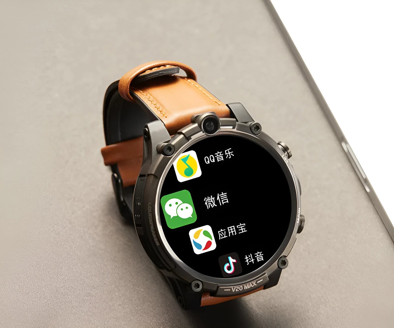 Black smart phone watch with 1.6-inch screen showing heart rate display and dual cameras