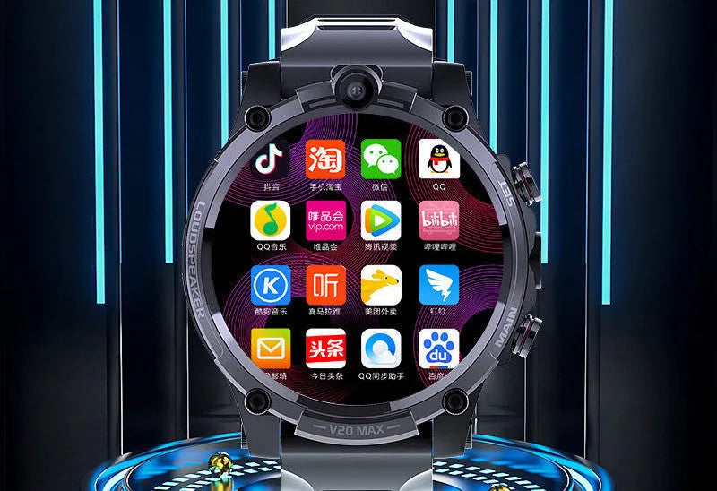 Black smart phone watch with 1.6-inch screen showing heart rate display and dual cameras