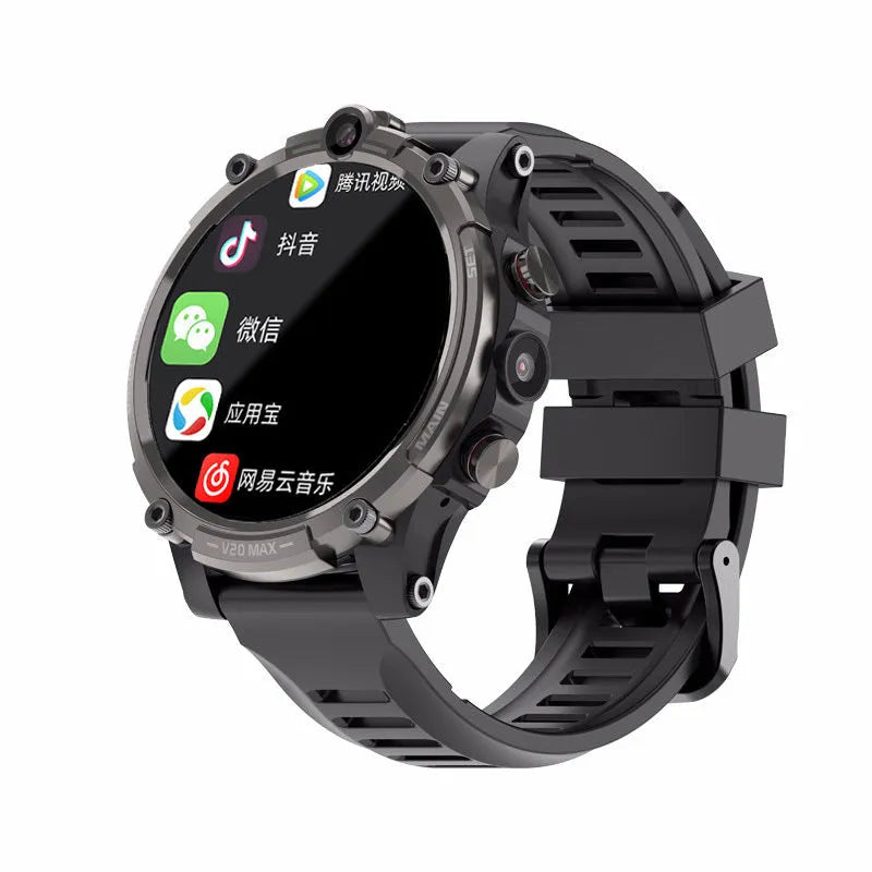 Black smart phone watch with 1.6-inch screen showing heart rate display and dual cameras