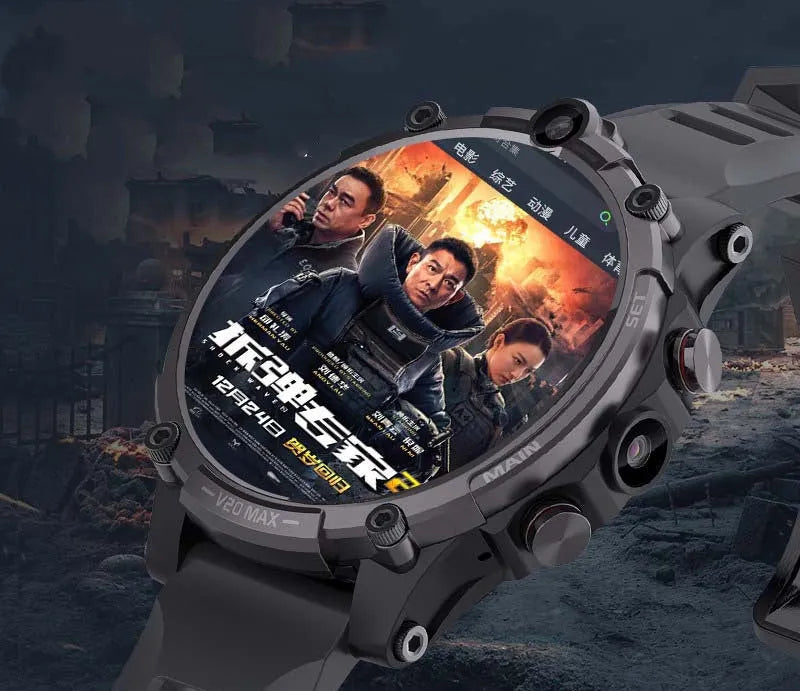 Black smart phone watch with 1.6-inch screen showing heart rate display and dual cameras