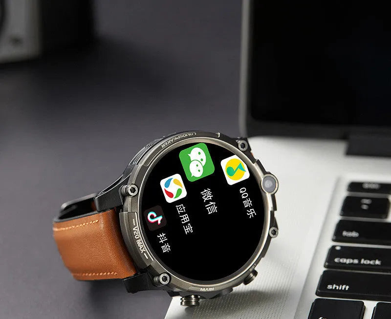 Black smart phone watch with 1.6-inch screen showing heart rate display and dual cameras