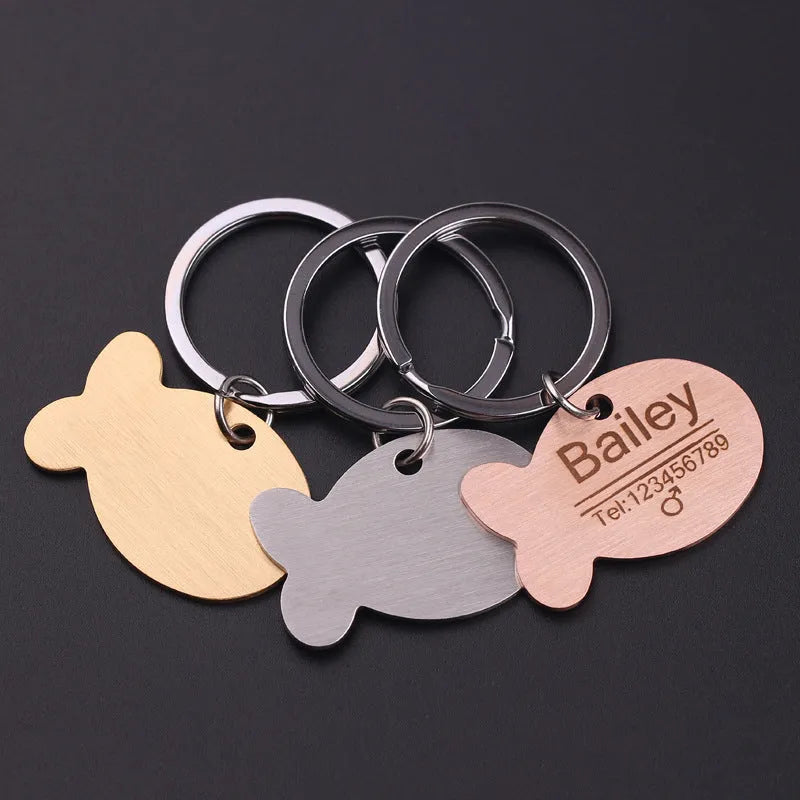 Personalised engraved stainless steel bone-shaped pet ID tag keychain in gold finish for cat or dog collar