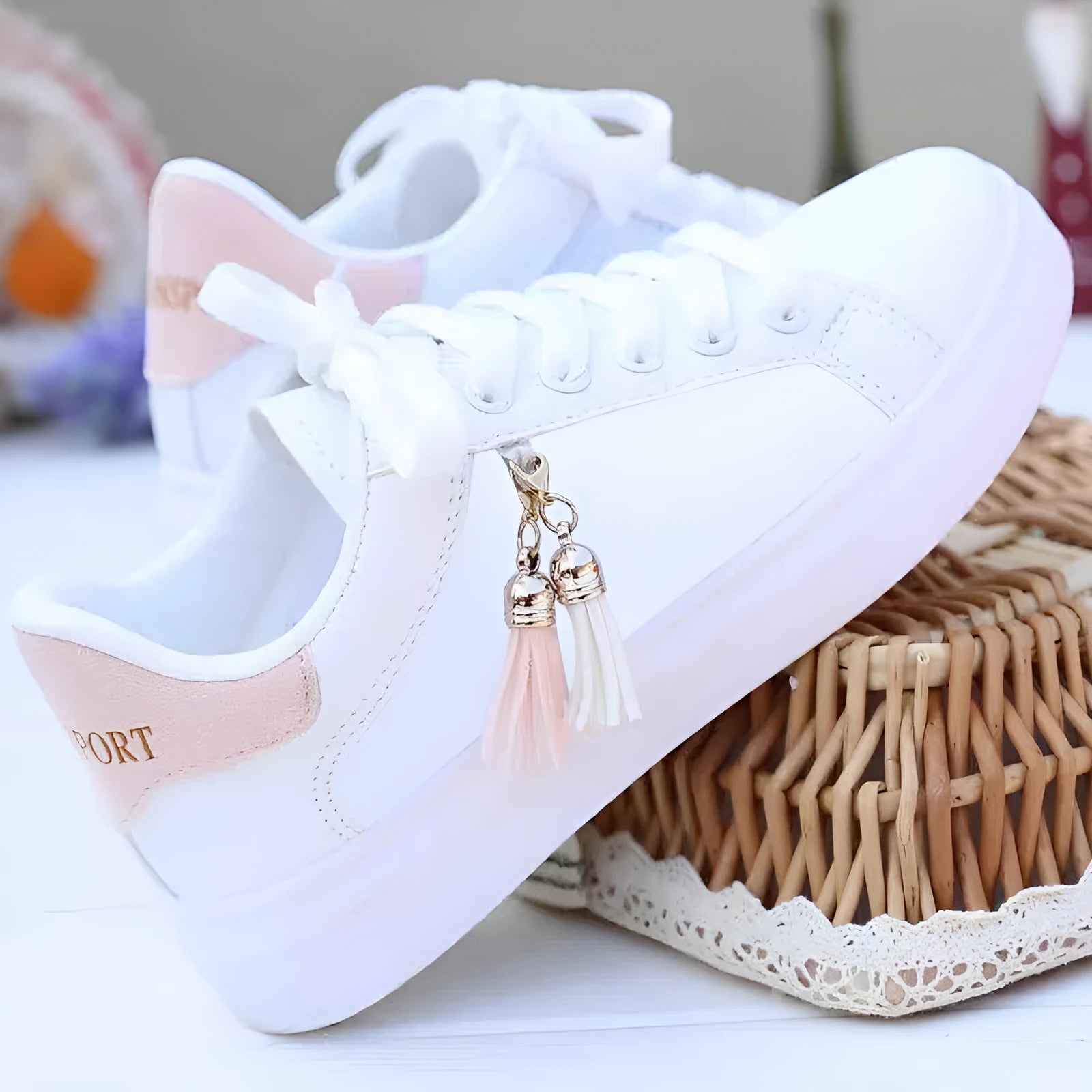 White mesh flat shoes for women with rubber sole, shown in pink and black colour options.